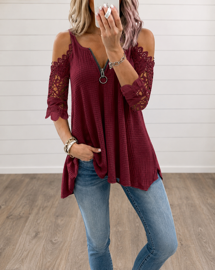 Estela - Camiseta de encaje para mujer con hombros descubiertos