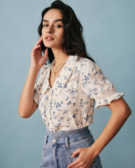 Camisa Floral de Encaje Plisada