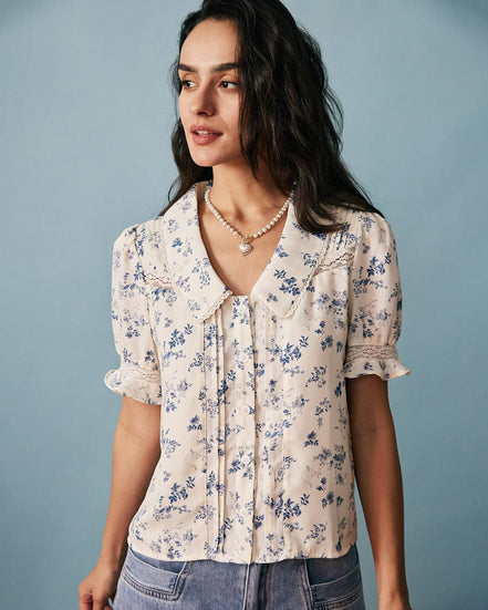 Camisa Floral de Encaje Plisada