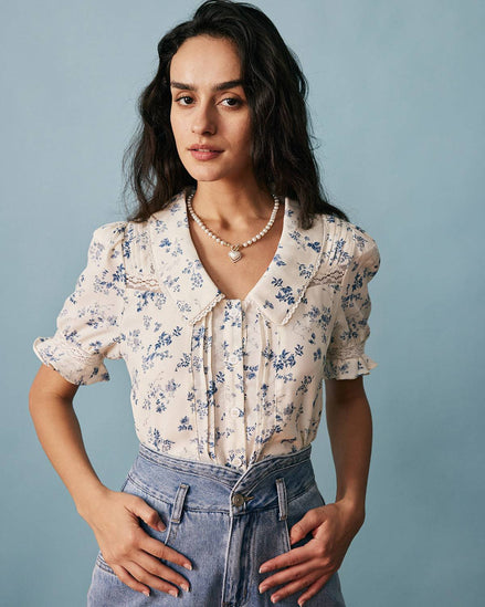 Camisa Floral de Encaje Plisada